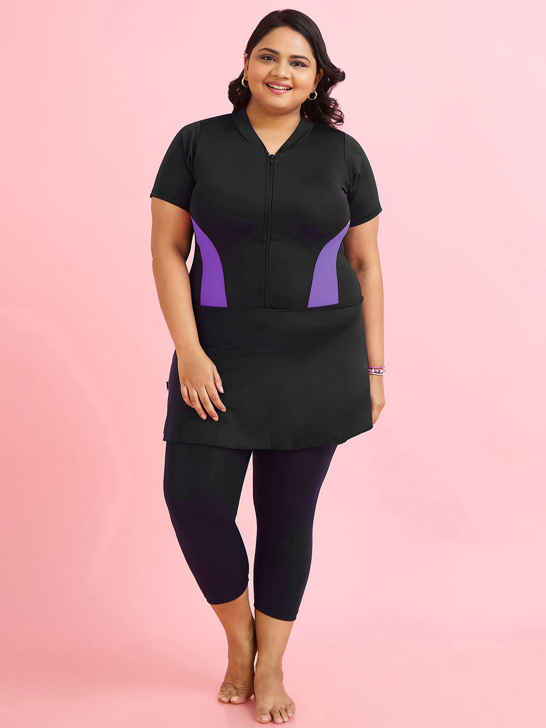 LYCOT Women Side Panels Round Neck Swimming Dress