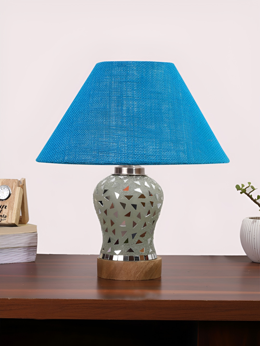 Aura Turquoise Blue Frustum Shaped Wooden Table Lamp