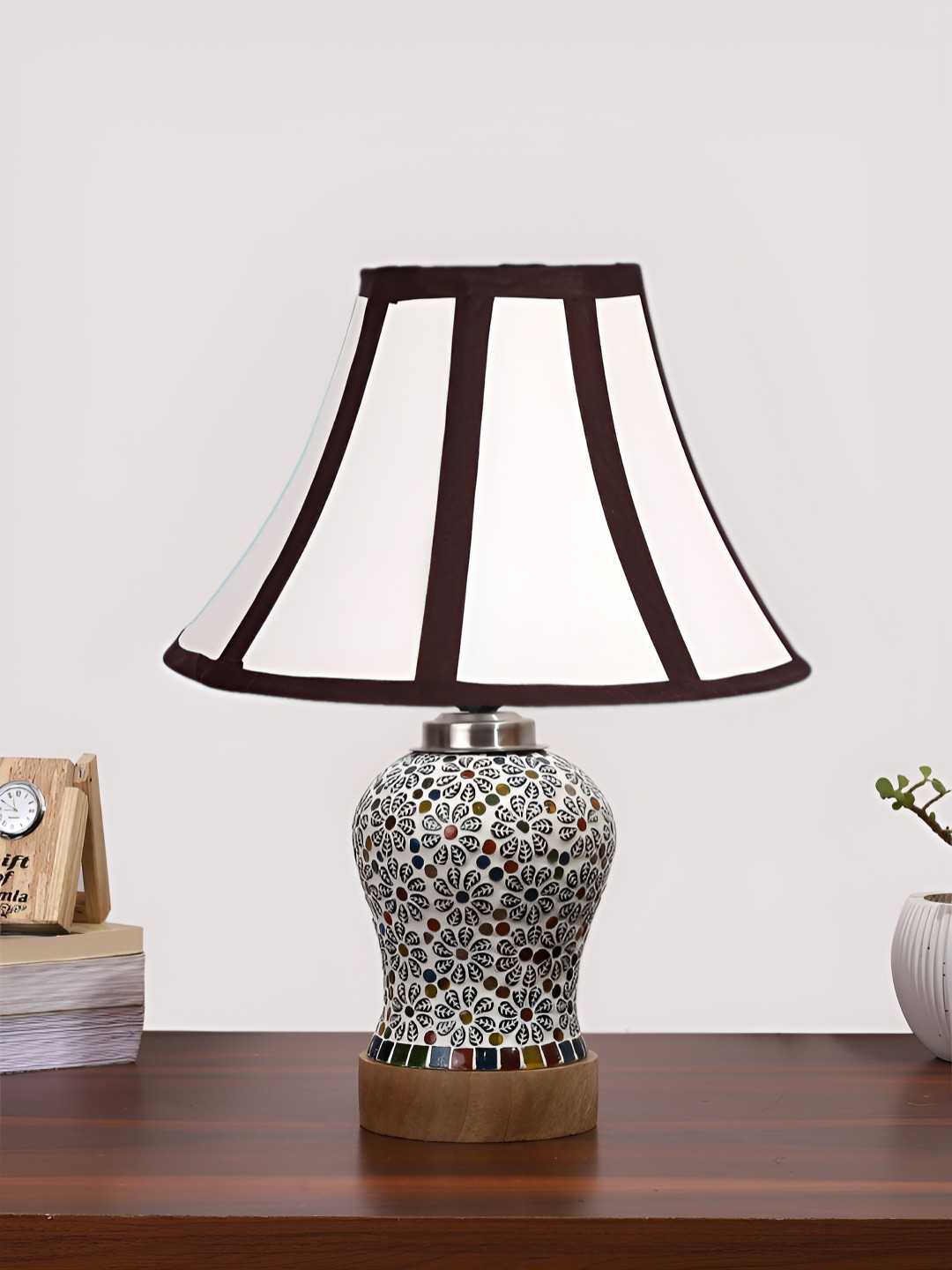 Aura White & Black Traditional Frustum Shaped Wooden & Mosaic Glass Table Lamp