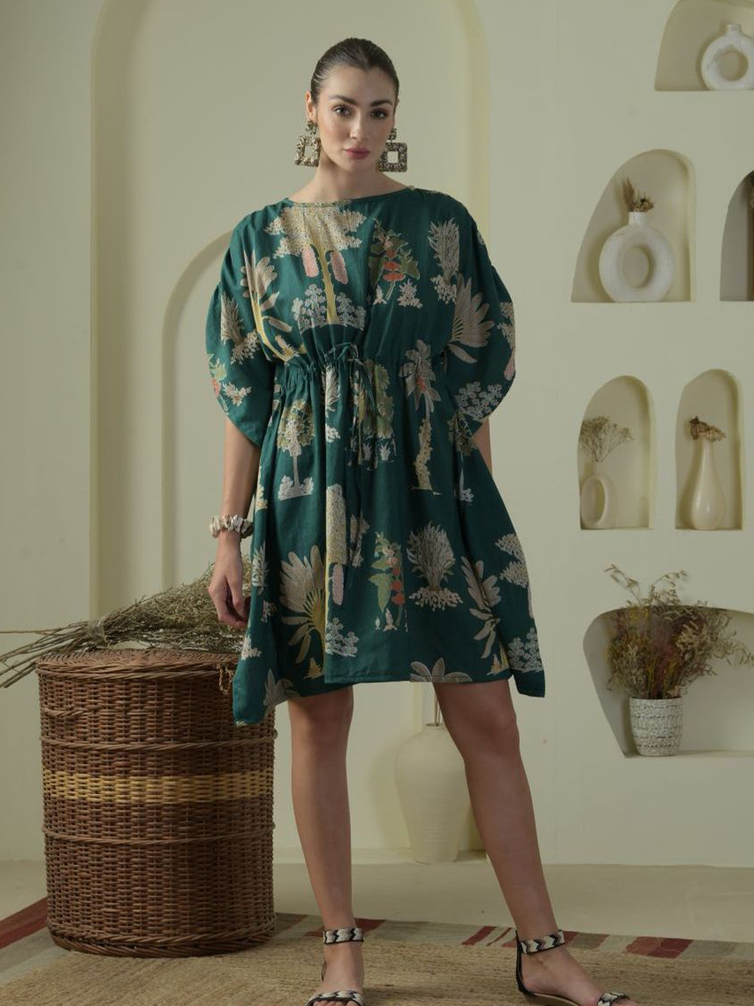 The Quince Life Women Tropical Print Emerald Palm Kaftan Dress