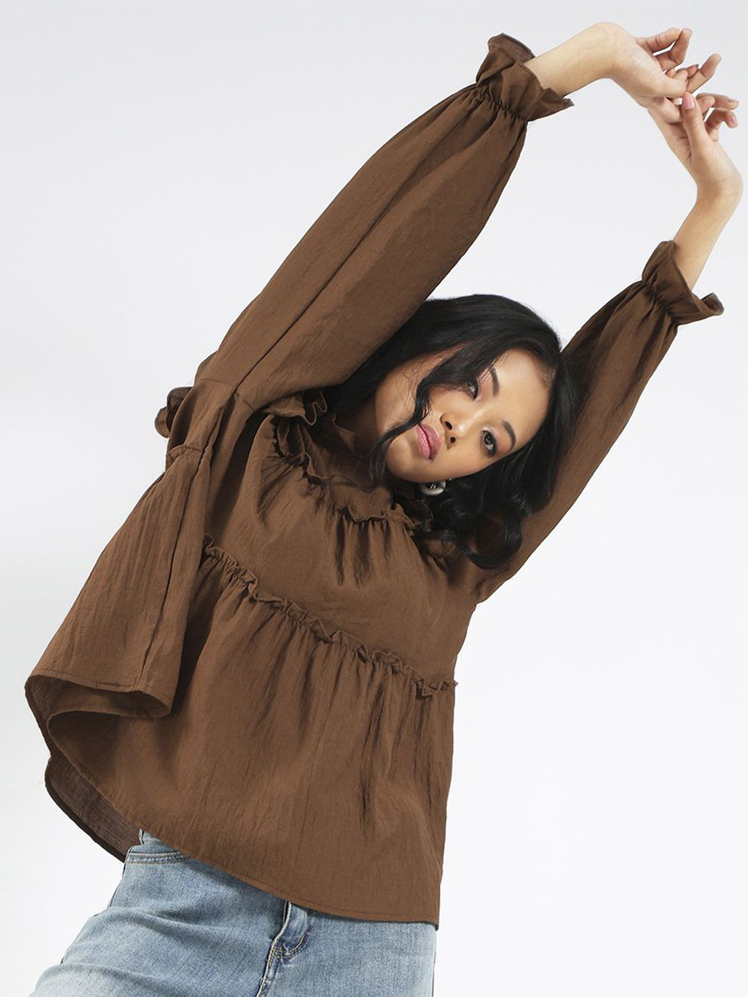 Sera Women Dark Brown Ruffled Tiered Long Sleeve  Top