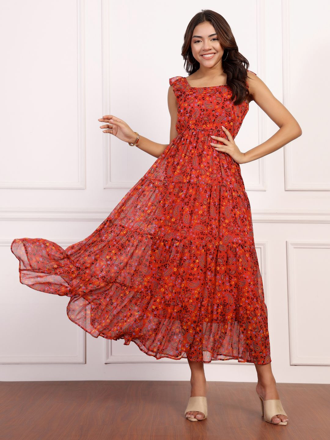 Mast & Harbour Women Ethnic Motifs Printed Tiered Georgette Fit and Flare Midi Dress