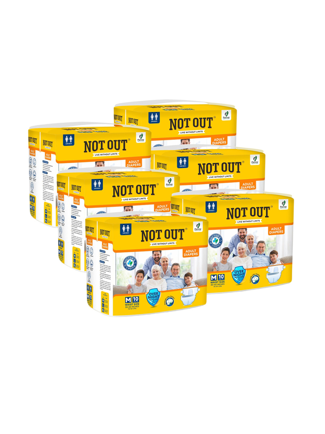 Not Out Pack Of 6 3D Core Technology Adult Diapers- 10 Pieces Each - M