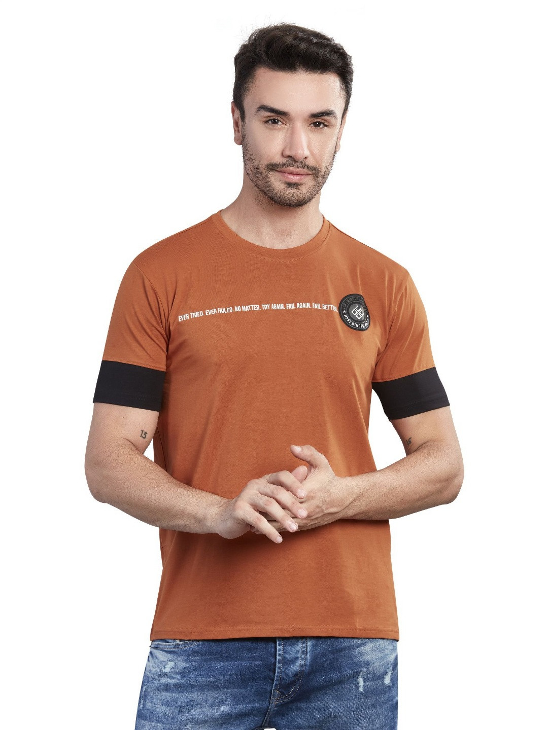 Rust & White Men Typography Round Neck Regular Fit T-shirt