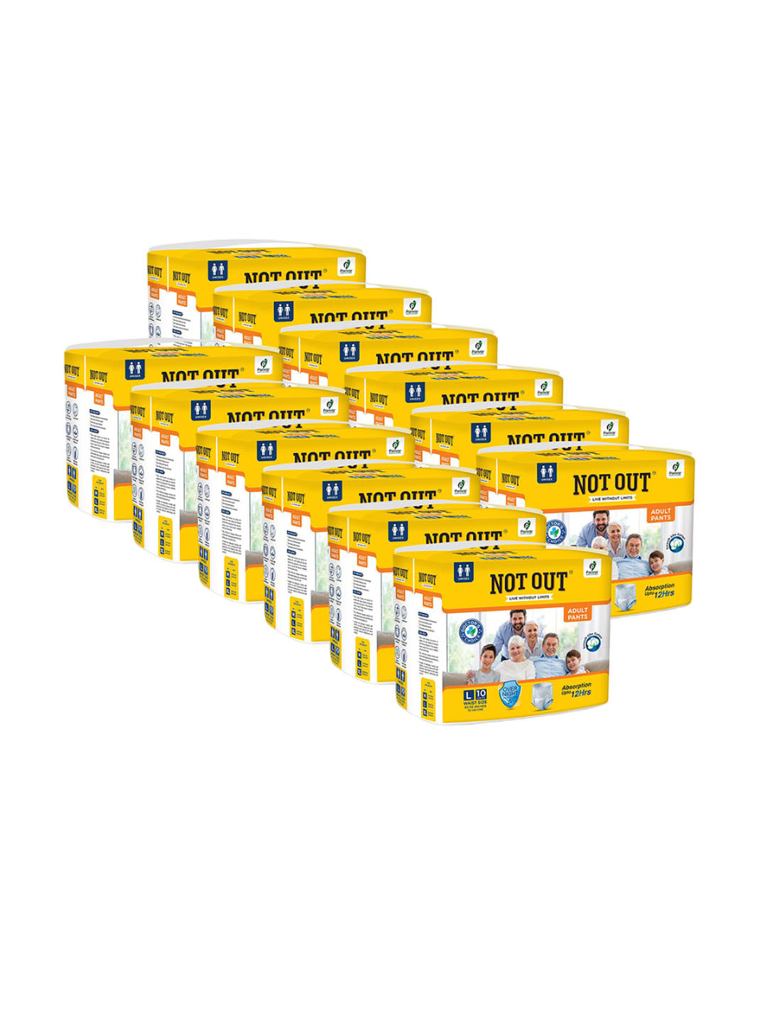 Not Out Set Of 12 3D Core Technology Adult Diapers - 10 Pieces Each - L