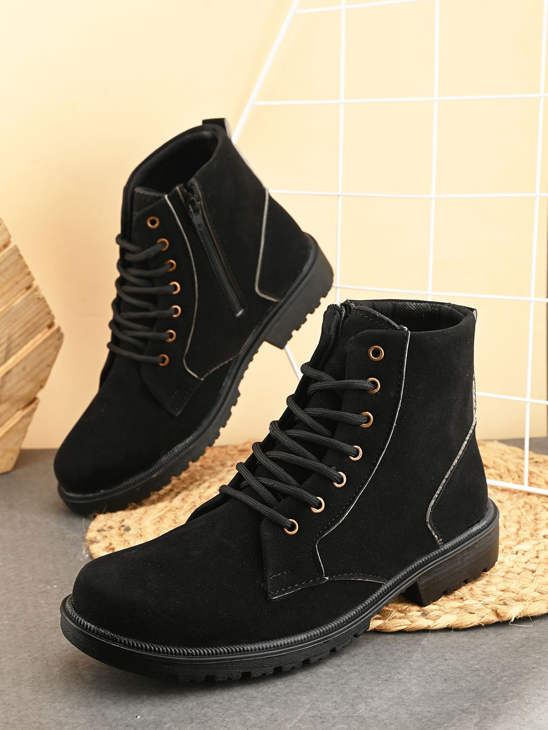 ARIWA Men Black Block-Heeled Regular Boots