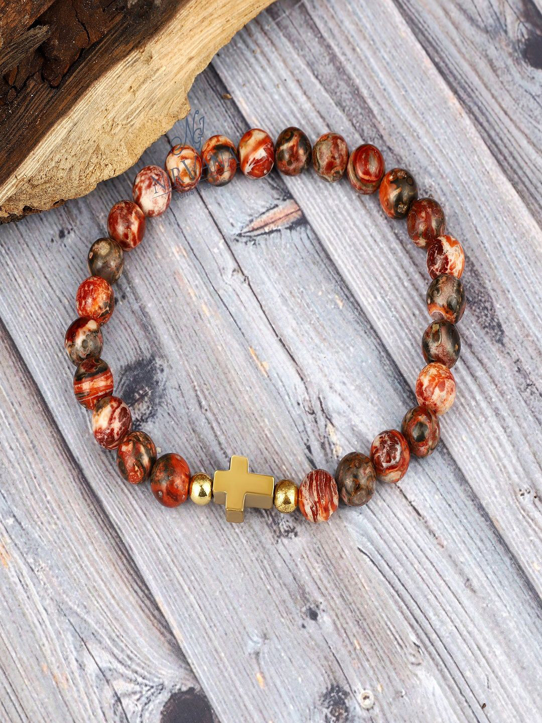 Nirvana Unisex Gold-Plated Crystals Leopard Skin Jasper and Hematite Stretch Bracelet