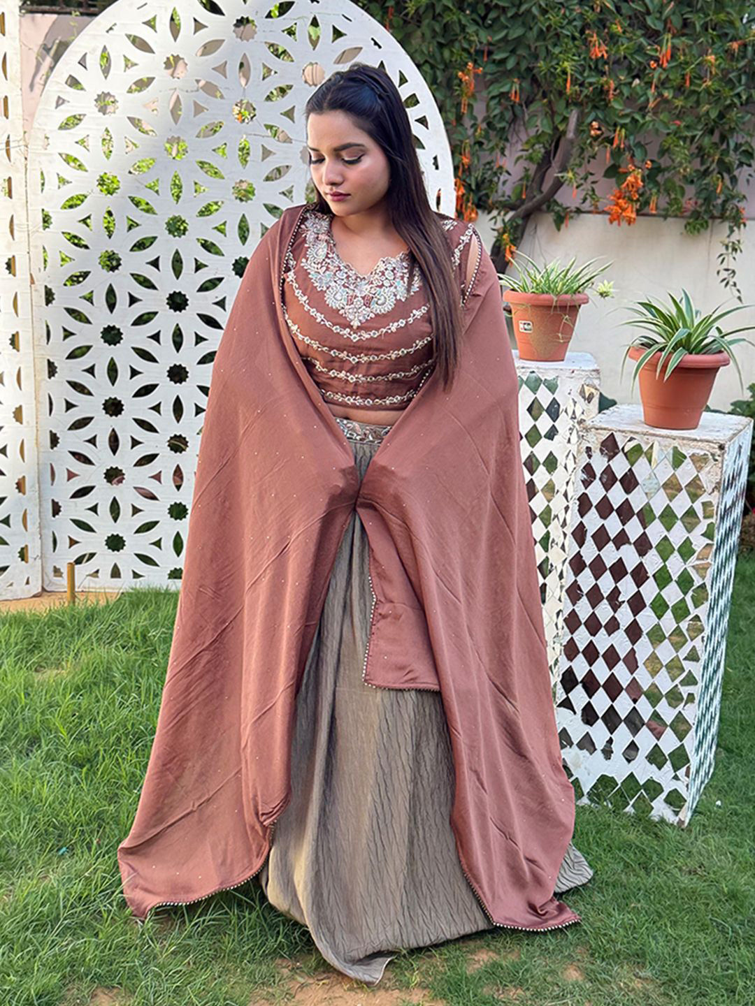 27 Drapes Women Embroidered Thread Work Ready to Wear Lehenga & Blouse With Dupatta