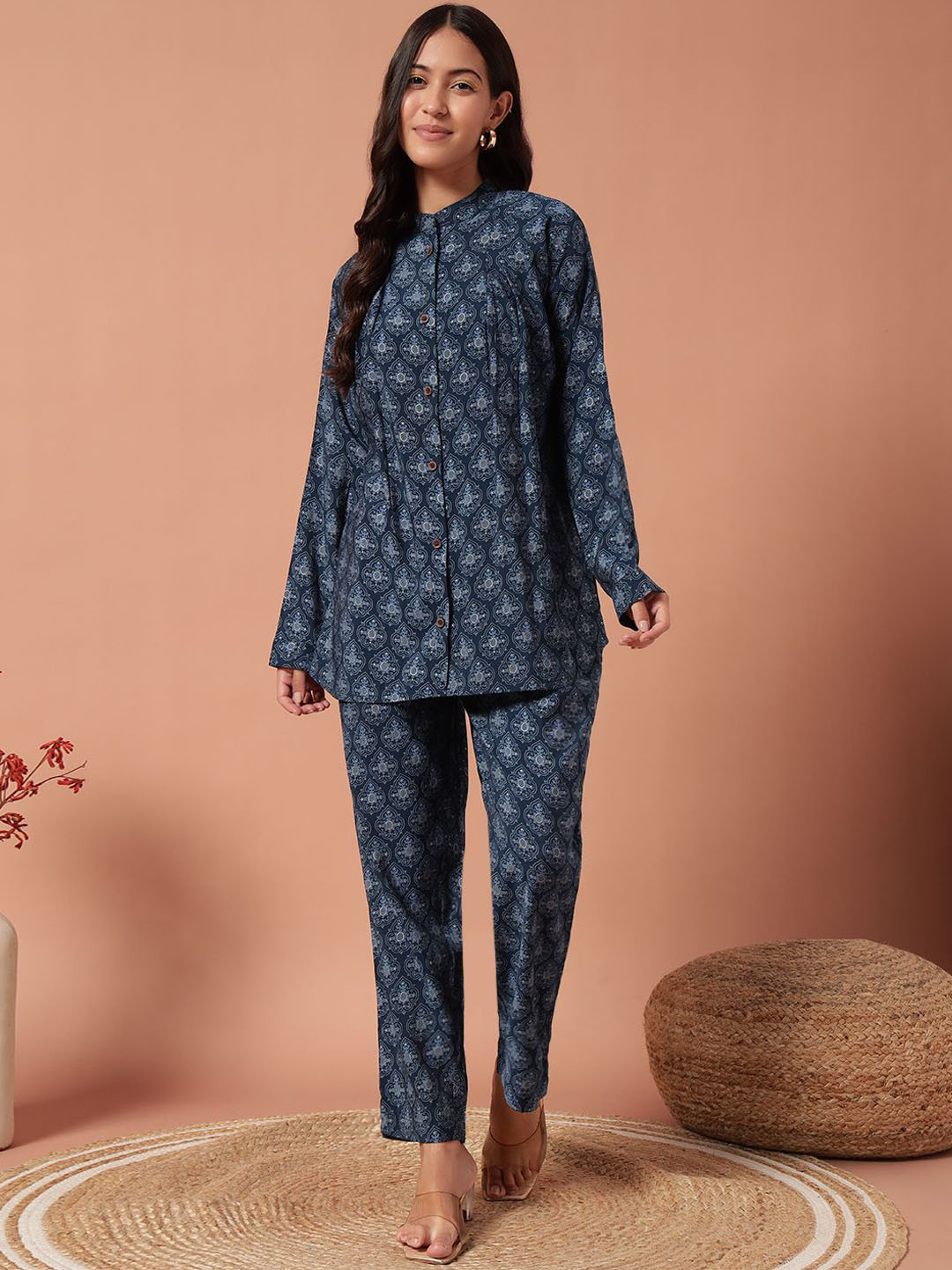 Plagg Ethnic Motifs Printed Mandarin Collar Shirt With Trousers