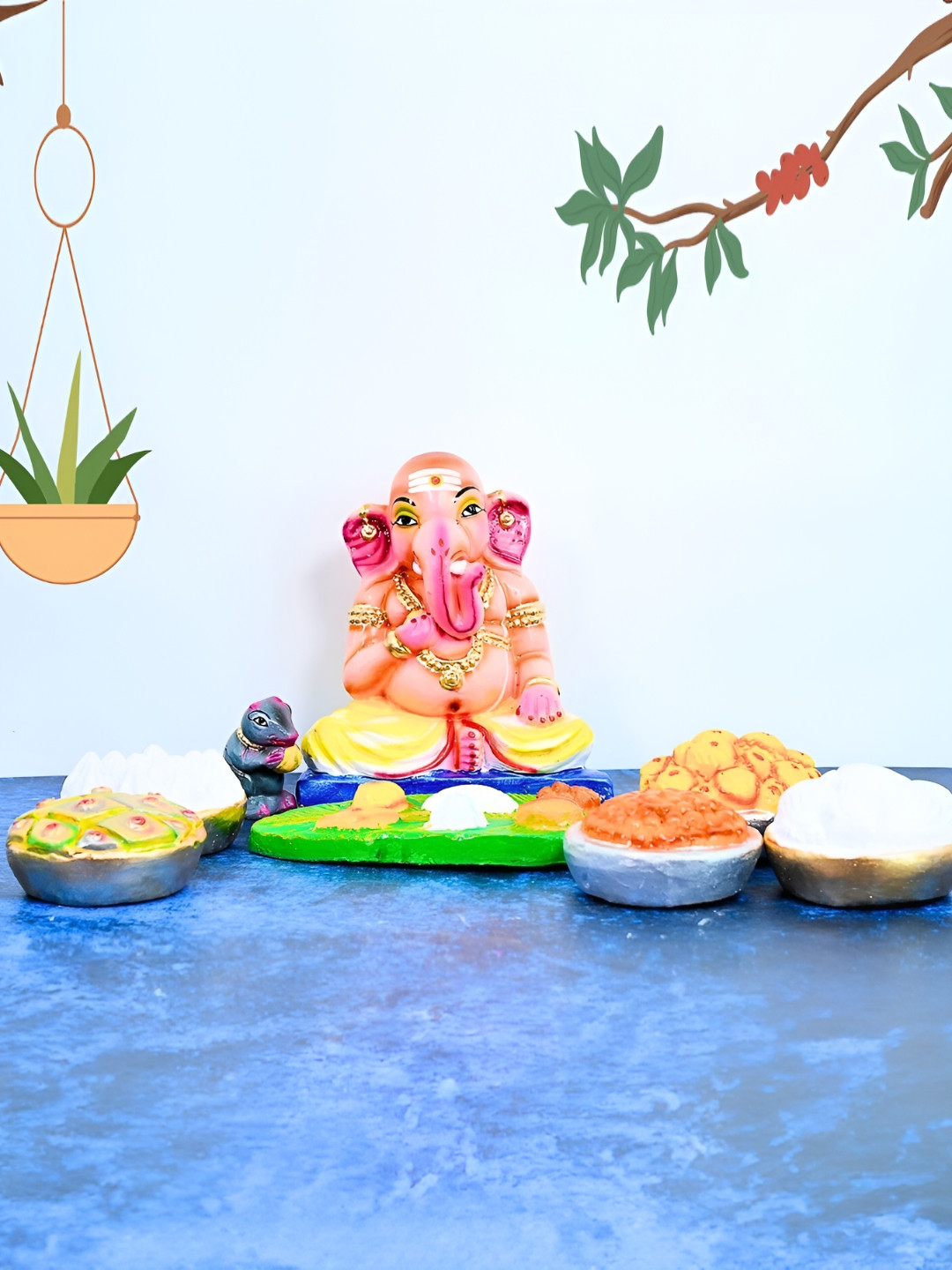 PujaNPujari Bhojana Ganapati Golu Dolls Gold Metal Metallic Living Room 8 Piece Medium Showpieces - 9 Inches