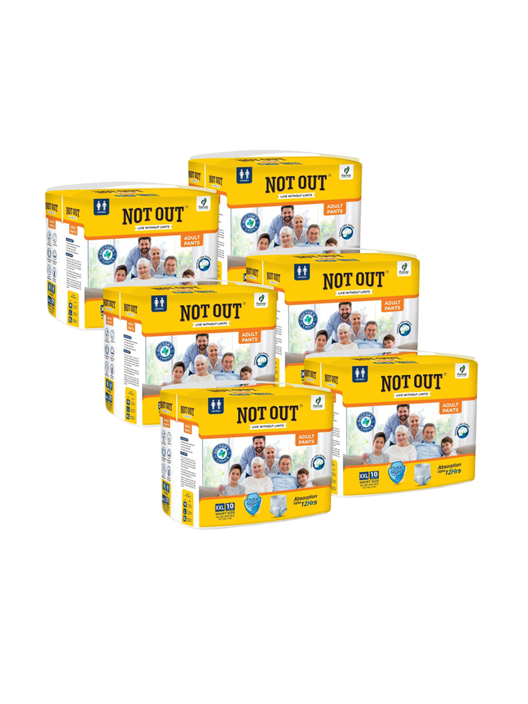 Not Out Unisex Pack Of 6 3D Core Technology Adult Diapers - 10 Pieces Each - XXL