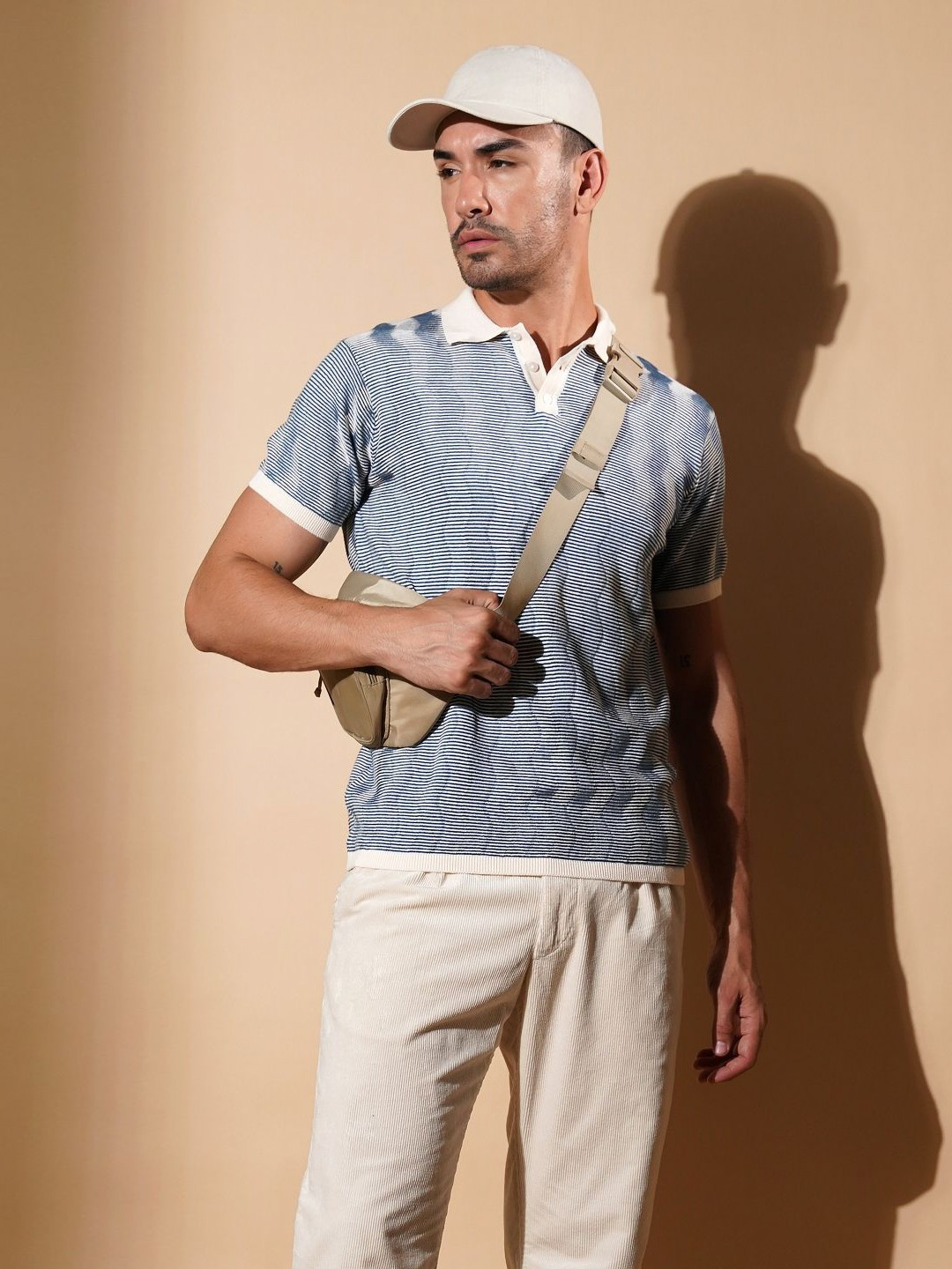 Jibumi Men Striped Polo Collar Cotton T-shirt