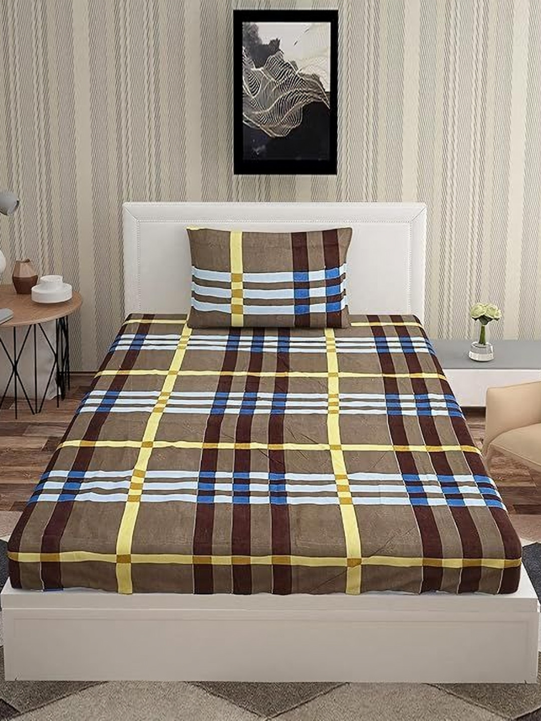 METRO LIVING Brown Checked Microfiber 160 TC Single Bedsheet with a Pillow Cover-85 x 57 inches