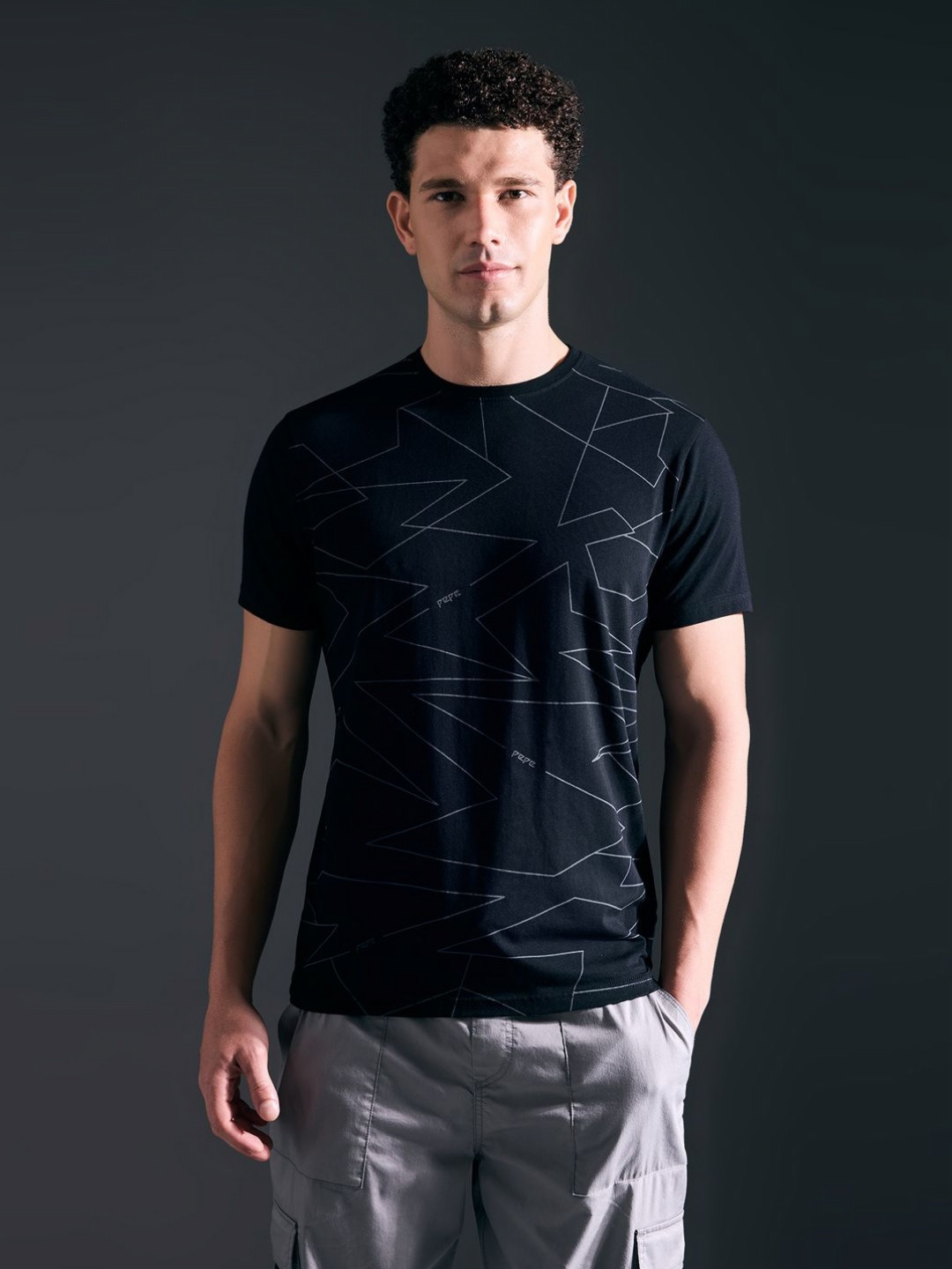 Pepe Jeans Men Geometric Printed Round Neck Slim Fit Cotton T-shirt