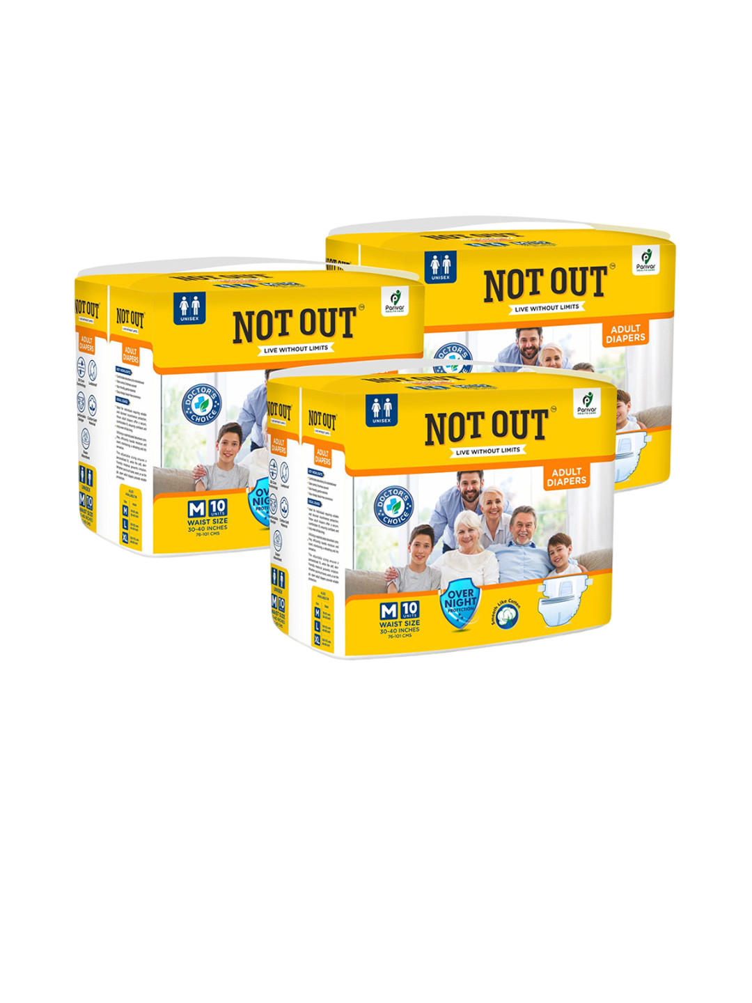 Not Out Pack Of 3 3D Core Technology Adult Diaper - 10 Pieces Each - M