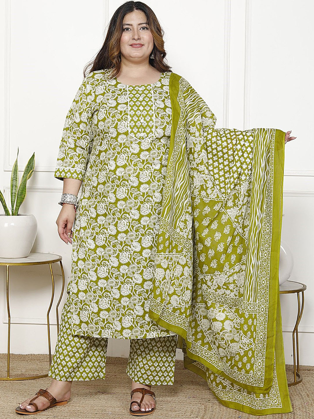 KALINI Women Floral Printed Regular Sequinned Pure Cotton Kurta with Trousers & With Dupatta