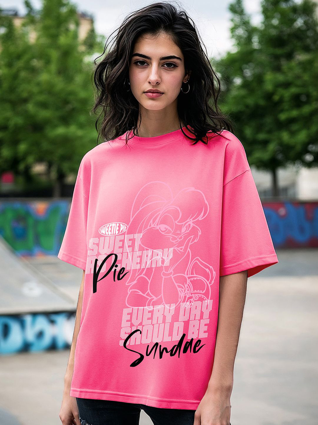 Bewakoof Official Looney Tunes Merchandise Lola Bunny Sundae Printed Oversized T-shirt