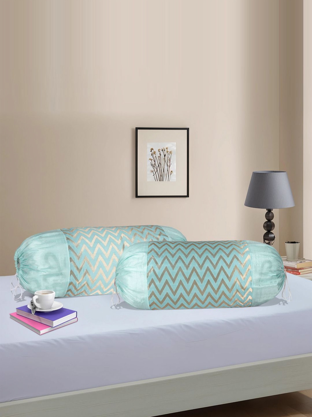 Myntra Elegant Homes Green 2Pcs Zig-Zag Self Design Breathable Bolster Covers