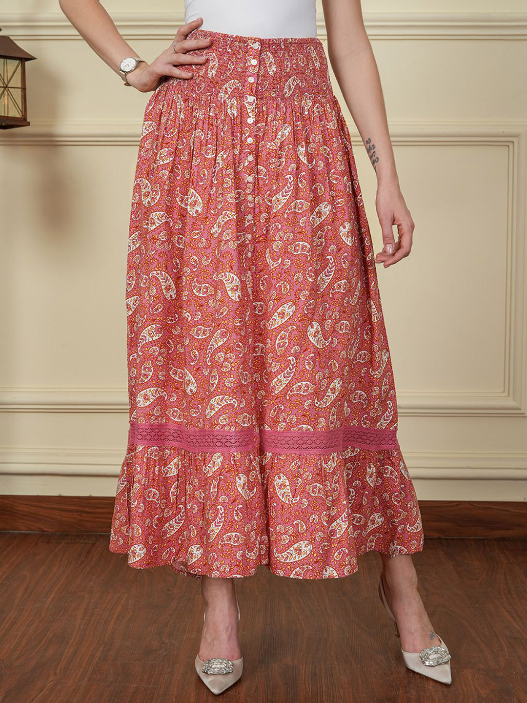 DEBONATELLA Floral Printed Front Slit Flared Maxi Skirt