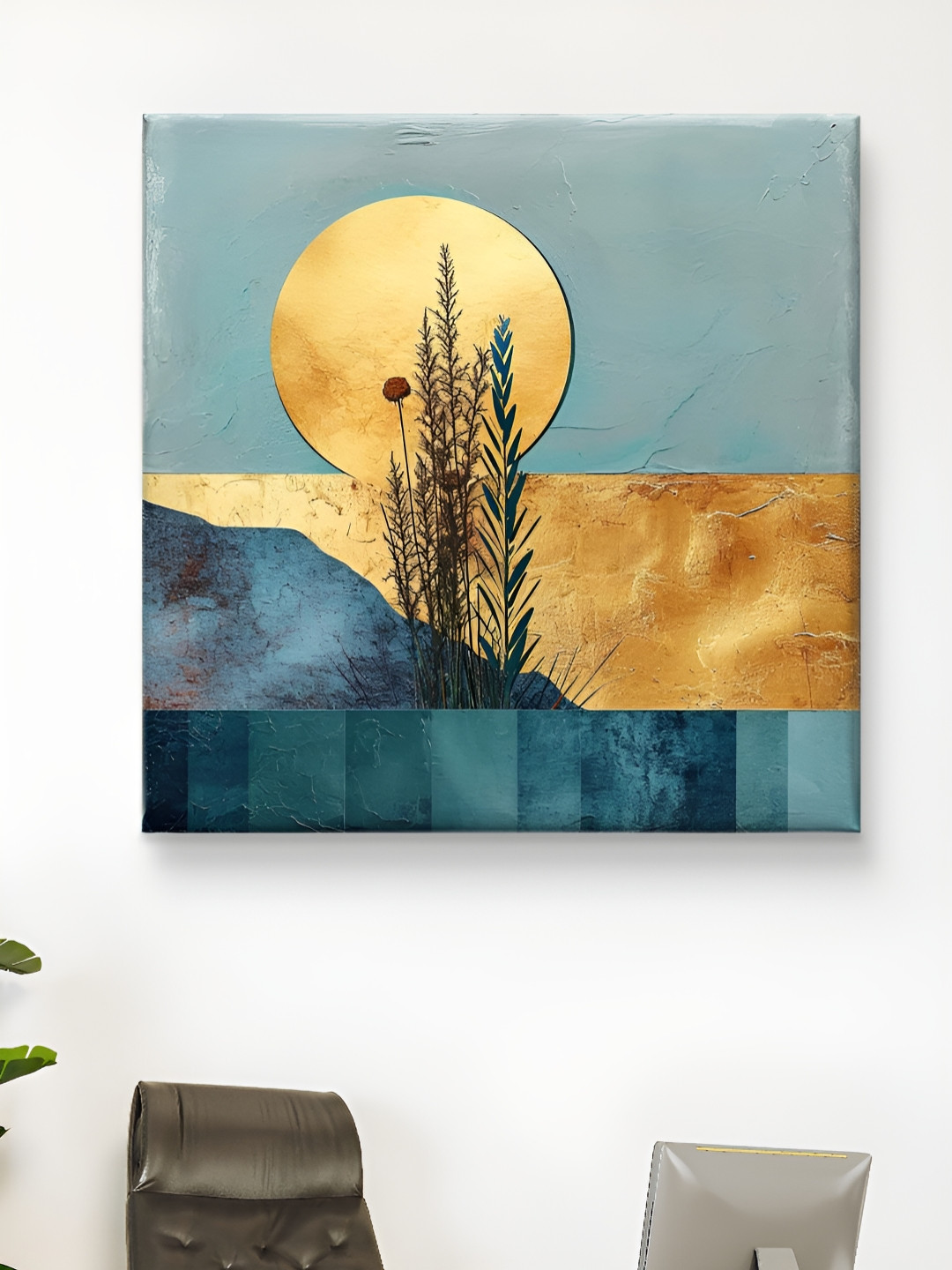 Livin'luxe Gold Toned & Blue Abstract Canvas Wall Art