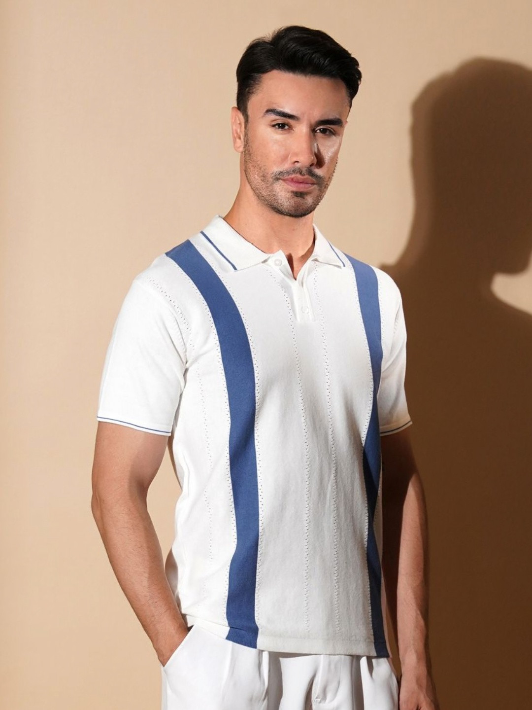 Jibumi Men Striped Polo Collar Cotton T-shirt
