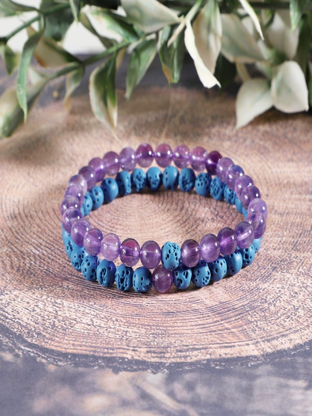 Nirvana Set Of 2 Amethyst Beaded Elasticated Bracelet