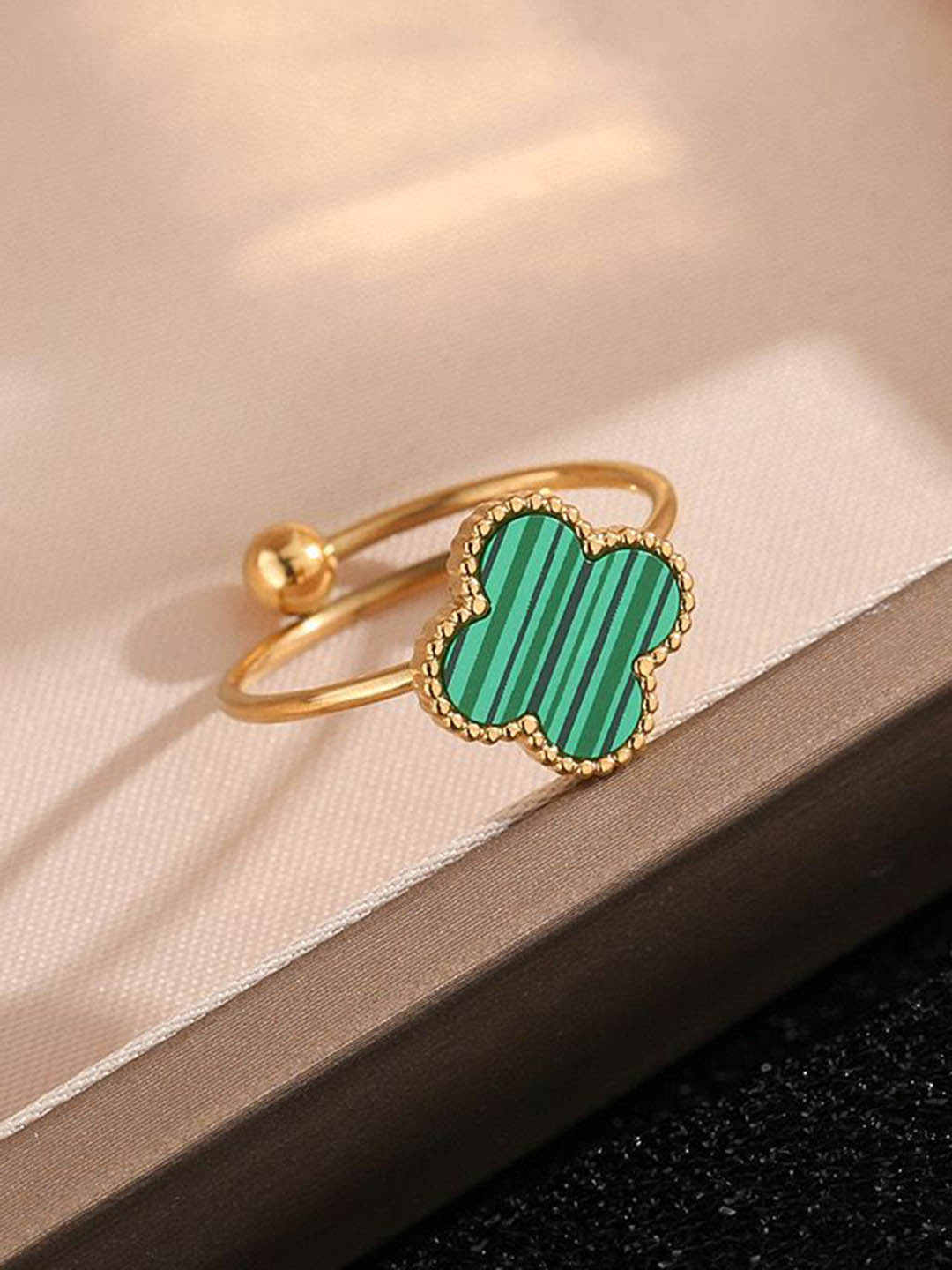 Aiza 18KT Gold-Plated Emerald Stone-Studded Clover Adjustable Finger Ring