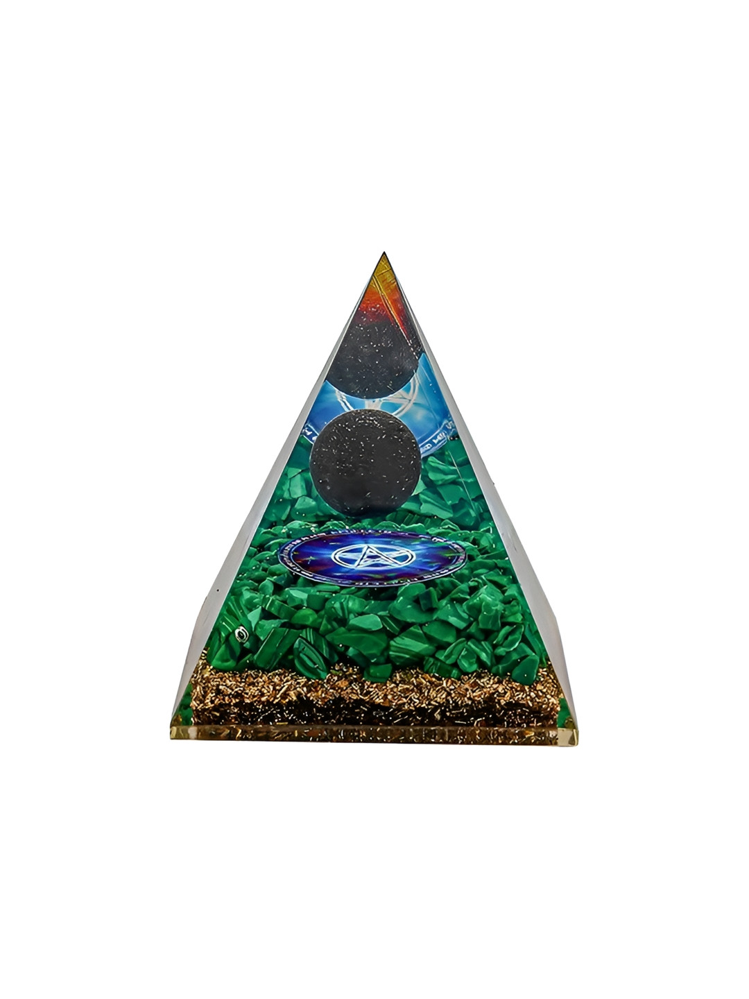 Gemsmantra Malachite with Black Ball Orgonite Pyramid Green Crystal Glossy Living Room Tiny Showpiece - 4.3 Inches