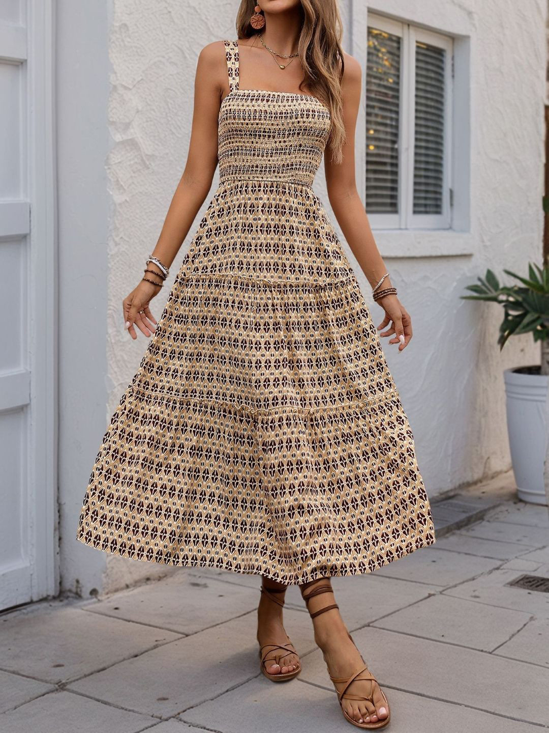 StyleCast Bohemian Ethnic Motif Smocked Midi Dress