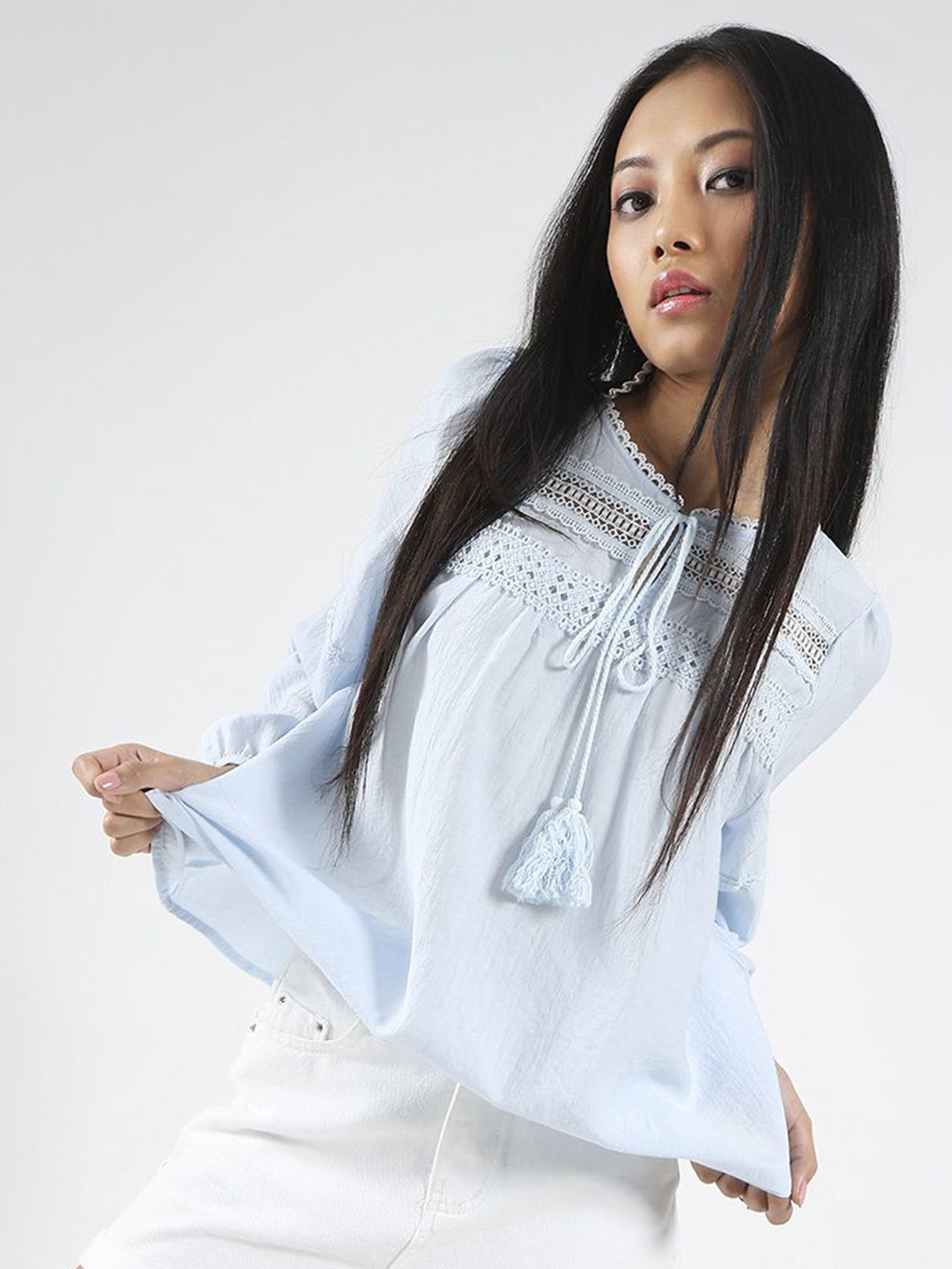 Sera Women Light Blue Lace & Tassel Tie up Boho Chic Korean Top