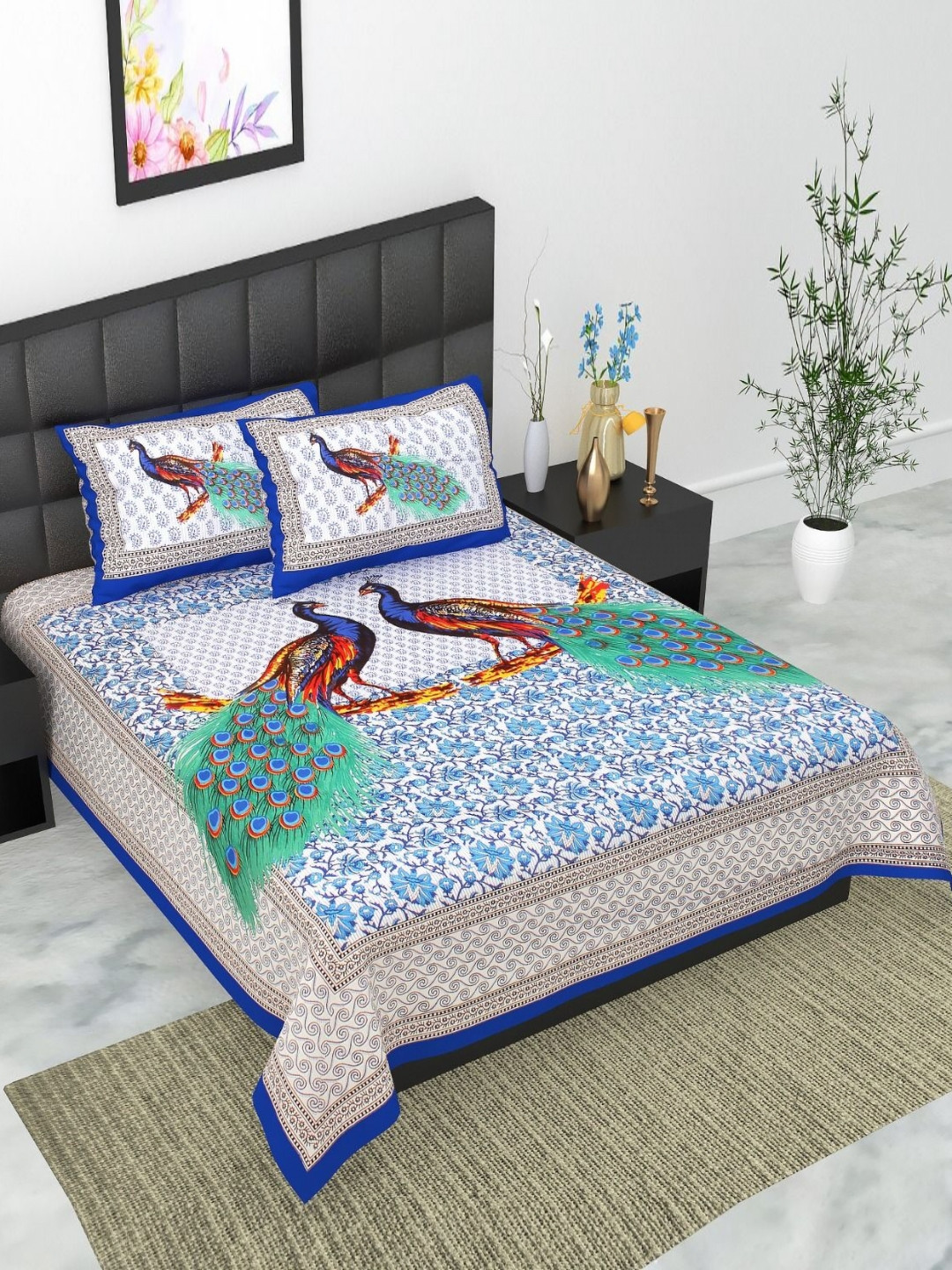 UNIBLISS Blue Floral Cotton 144 TC Queen Bedsheet with 2 Pillow Covers-85 x 93 inches