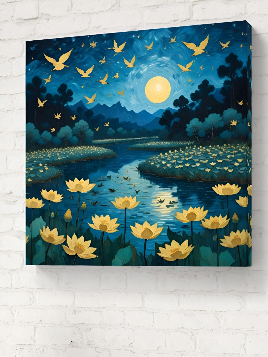 Livin'luxe Moon and flying birds Canvas Wall Square Paintings Wall Art -30 x 30 In