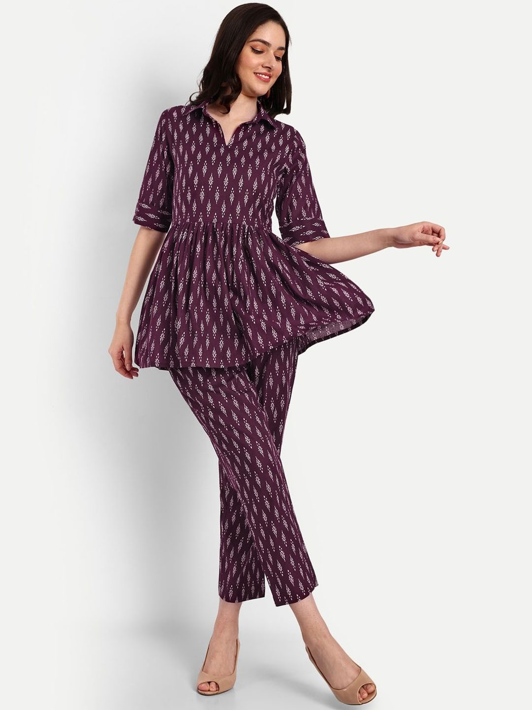 NUNCHII Printed Pure Cotton Wine Peplum Co-Ord Sets