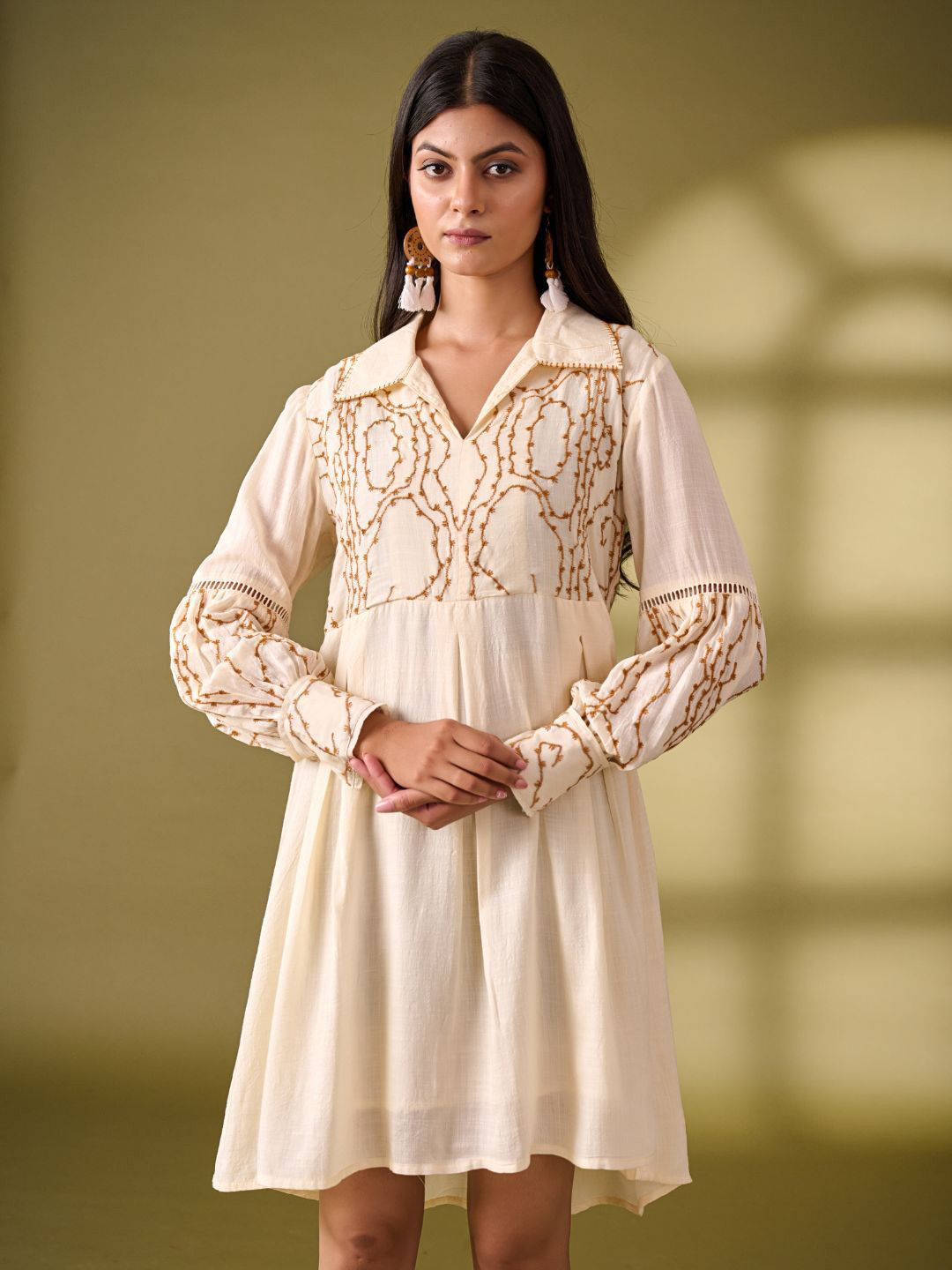 Zolo Label Women Organic Cotton Beige Fit and Flare Cotton Dress