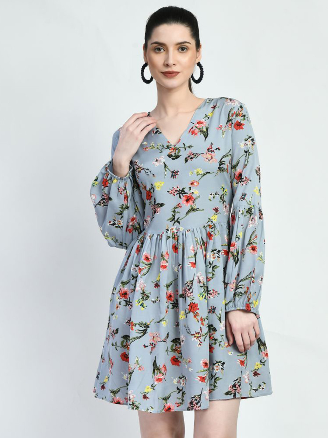 AGARU Women Floral Print Crepe Fit And Flare Mini Dress