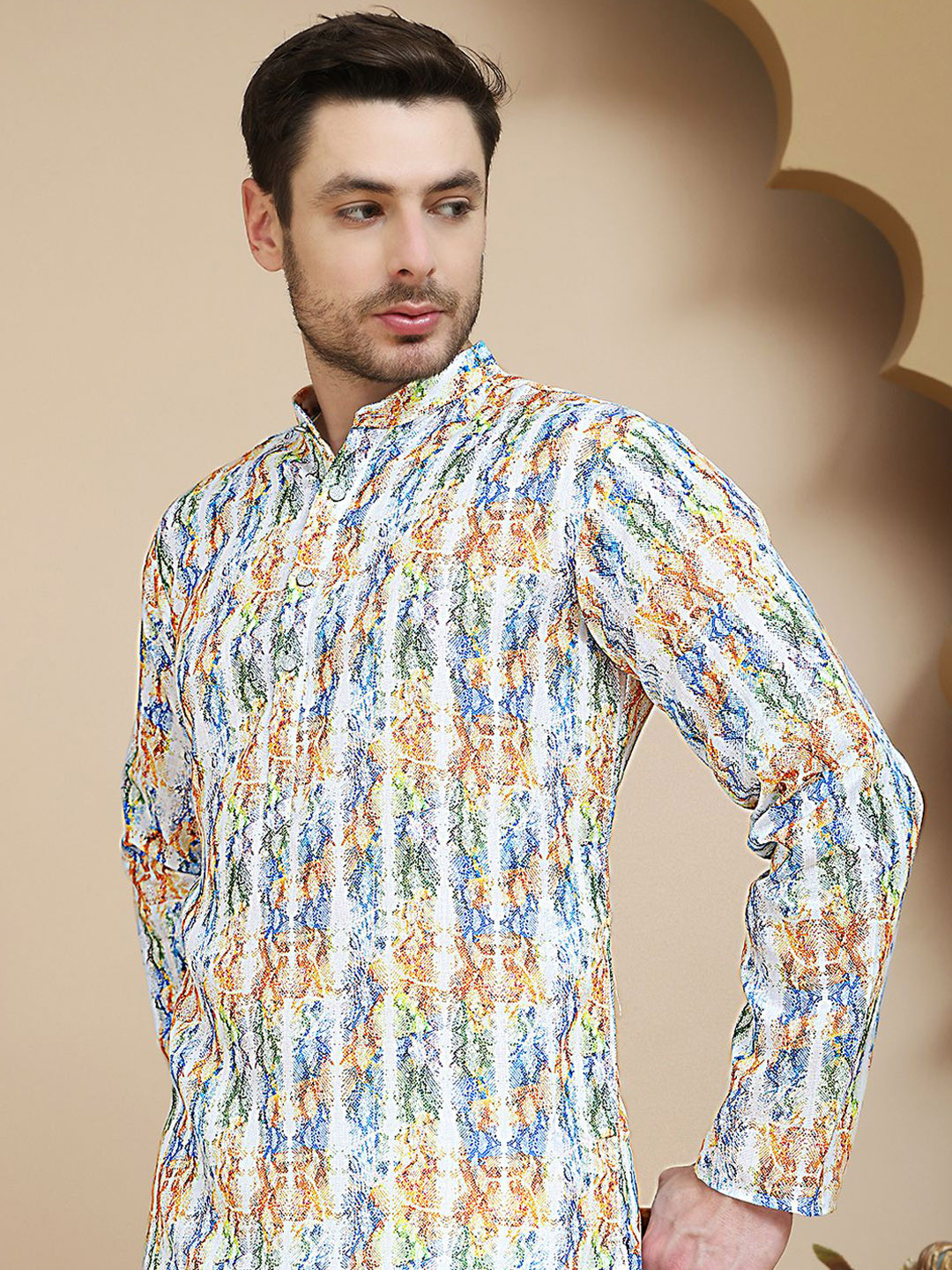 Anouk Mirage Abstract Printed Band Collar Straight Kurta With Pyjamas