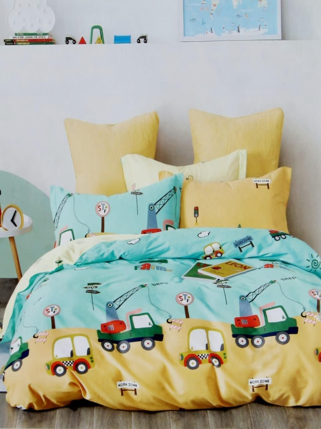 KIDS WONDERS Blue Graphic Microfiber 160 TC King Bedsheet with 2 Pillow Covers-90 x 100 inches