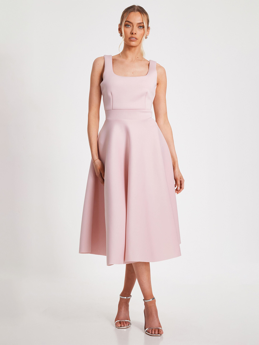 QUIZ Women Square Neck Sleeveless Pleated Fit & Flare Midi Dress