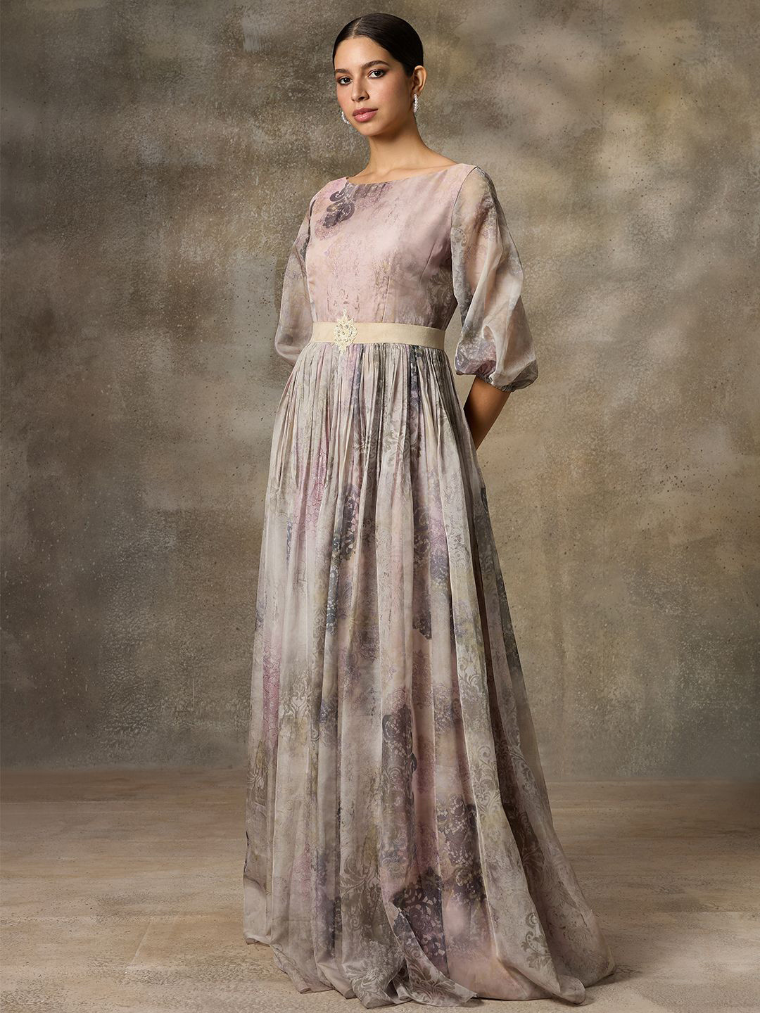 Rivaar By Rocky Star Floral Printed Puff Sleeves Round Neck Fit And Flare Maxi Dress