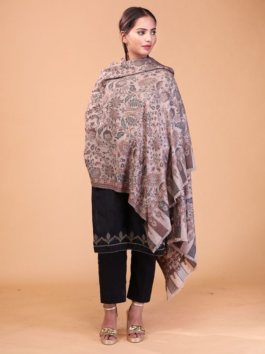 THE SHAWL STUDIO Women Sunflower Kani Stole Beige
