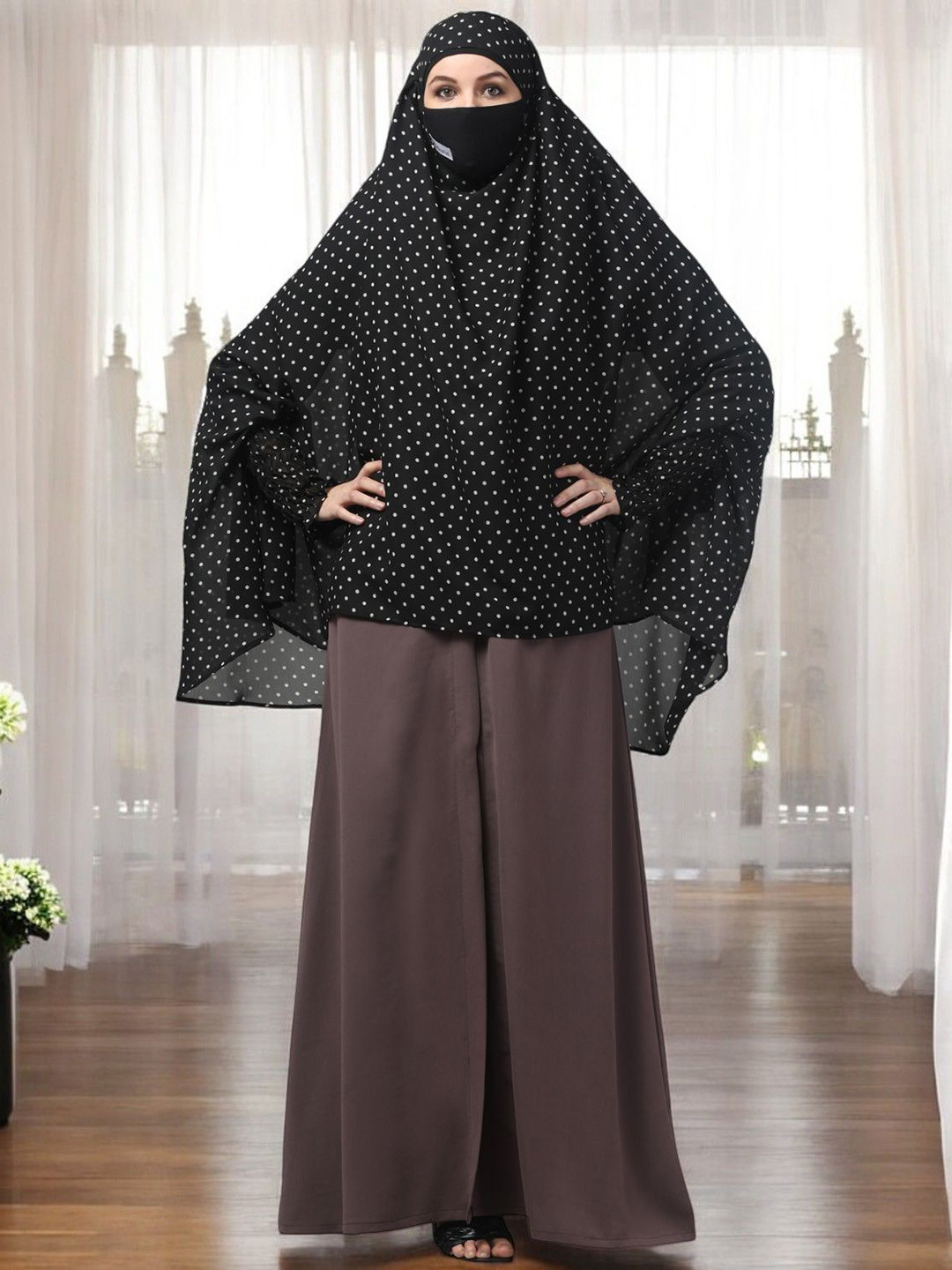 BASHARIYA Polka Dot Printed Chiffon Khimar Hijab With Mouth Piece