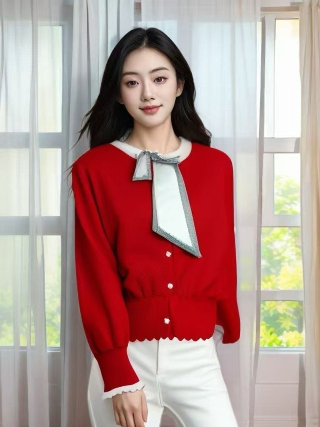 StyleCast Red Scarf Neck Casual Top