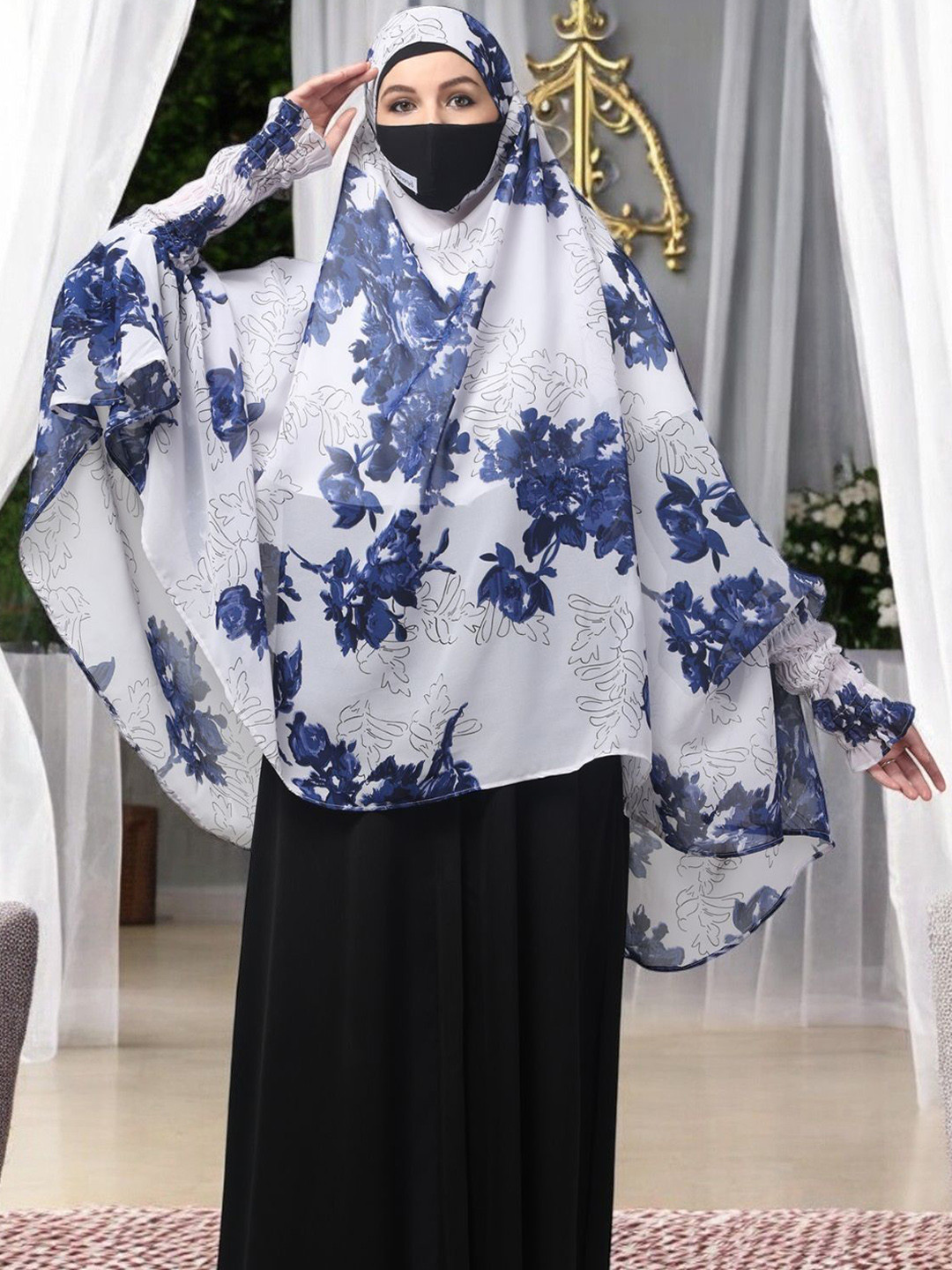 BASHARIYA Floral Printed Georgette Khimar Hijab With Mouth Piece