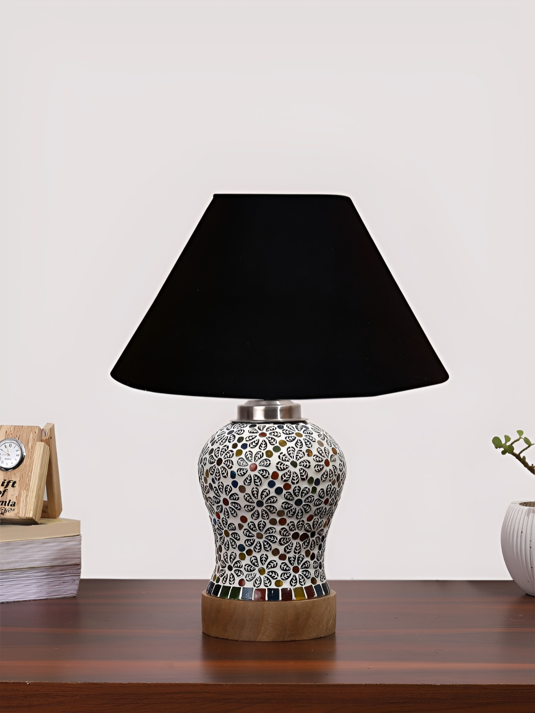 Aura Conical Black & White Printed Glass Frustum Shaped Table Lamp