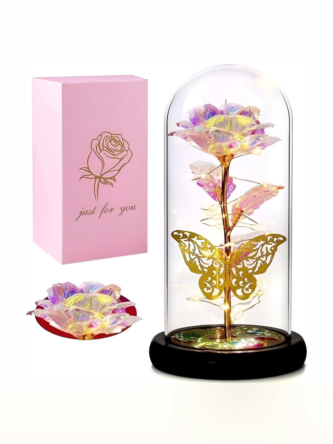 DWIZA ENTERPRISE Artificial Flower Rose Transparent Glass Glossy Living Room Lights Set of 2 Medium Showpieces - 8.5 Inches