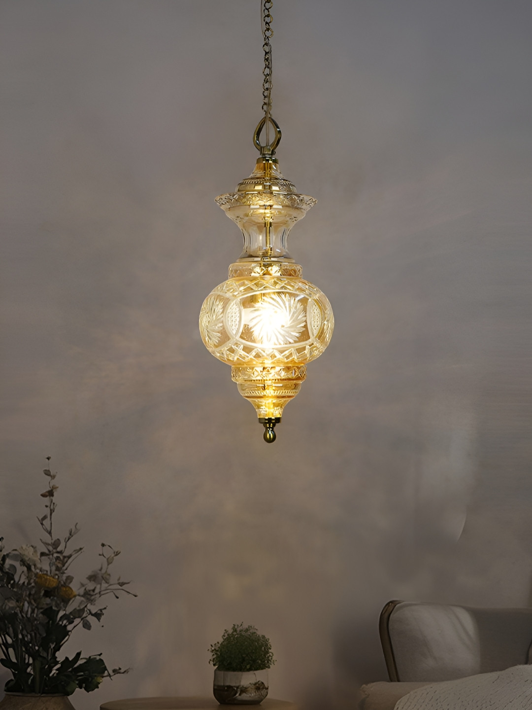 Fos Lighting Gold-Toned Printed Luster Hand-Cut Pendant Glass Ceiling Lamp