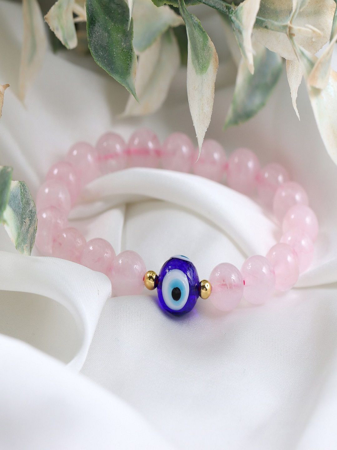 Nirvana Unisex Gold-Plated Crystals Rose Quartz and Blue Evil Eye Stretch Bracelet