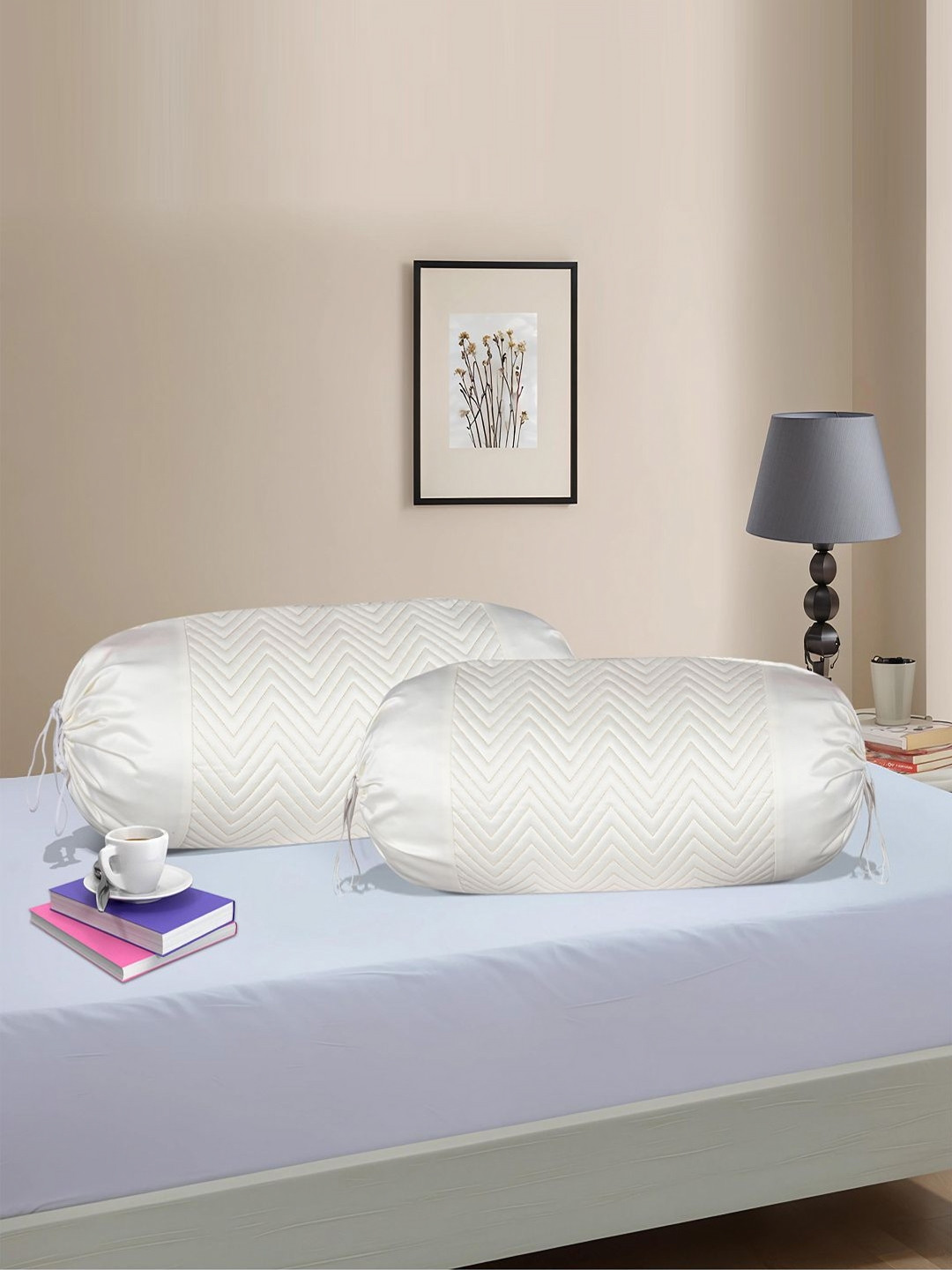 Myntra Elegant Homes White 2Pcs Zig-Zag Quilted Breathable Bolster Covers