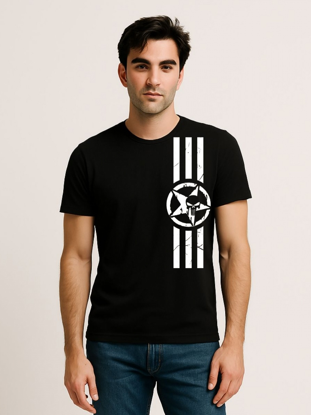 Be Crazy Men Punisher Striped Round Neck Cotton T-shirt