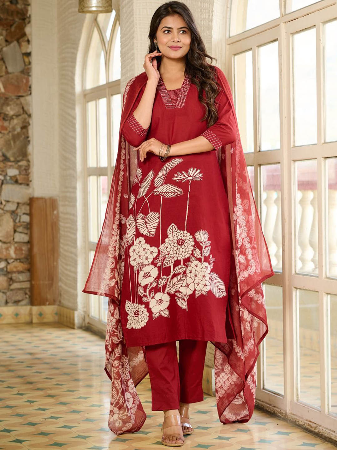 AAYUFAB Floral Printed Square Neck Thread Work Pure Cotton Kurta With Trousers & Dupatta